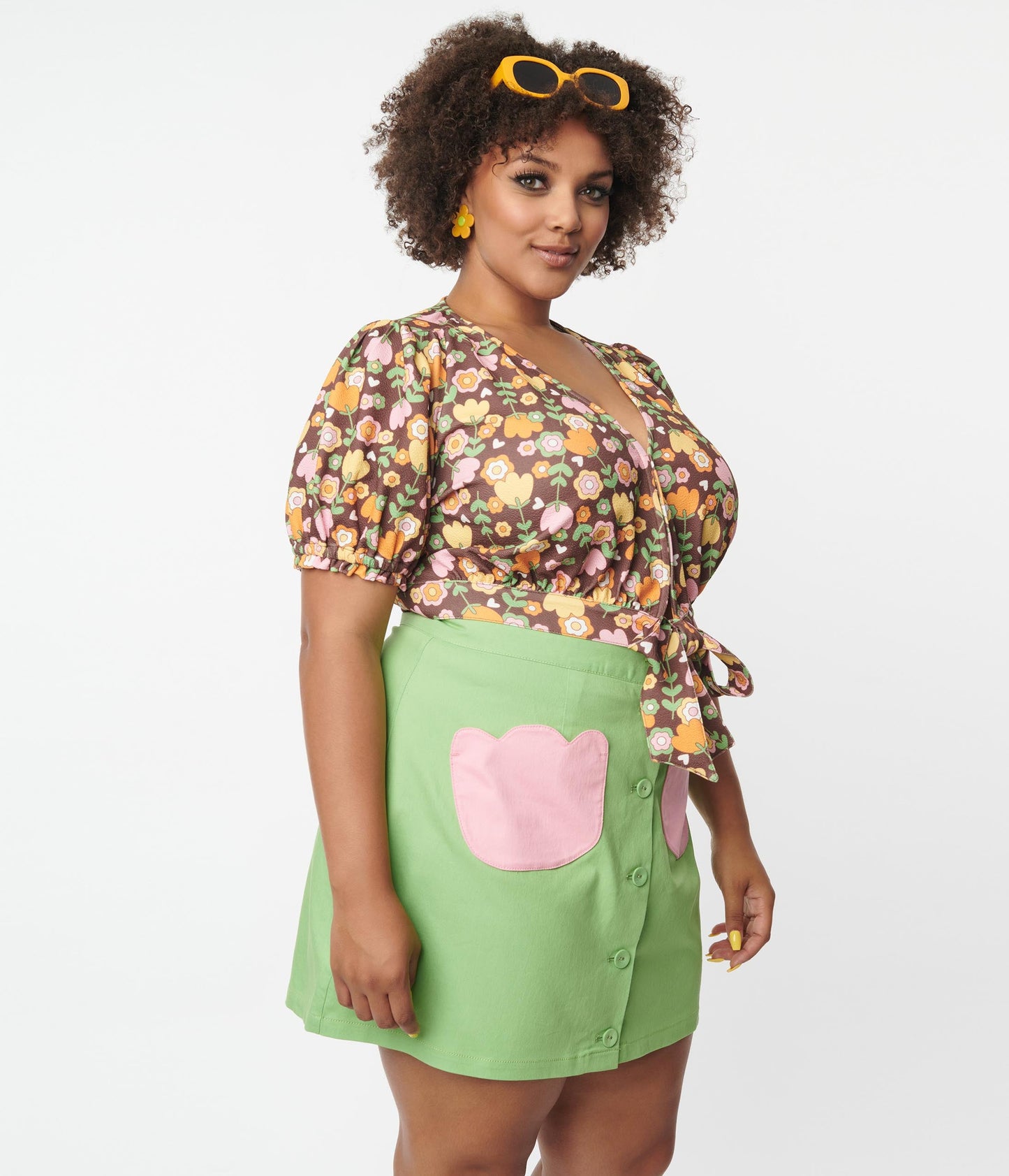 Smak Parlour Plus Size Green & Pink Tulip Match Game Skirt - Unique Vintage - Womens, BOTTOMS, SKIRTS