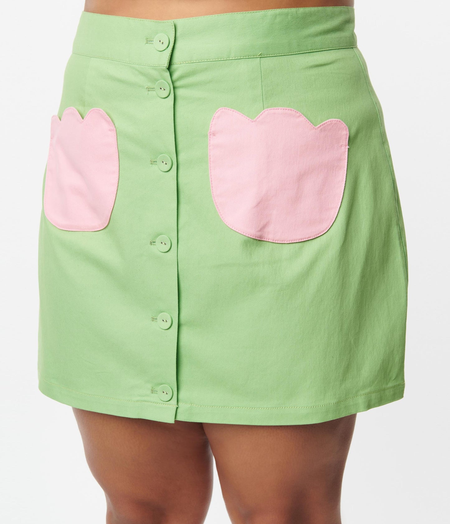 Smak Parlour Plus Size Green & Pink Tulip Match Game Skirt - Unique Vintage - Womens, BOTTOMS, SKIRTS