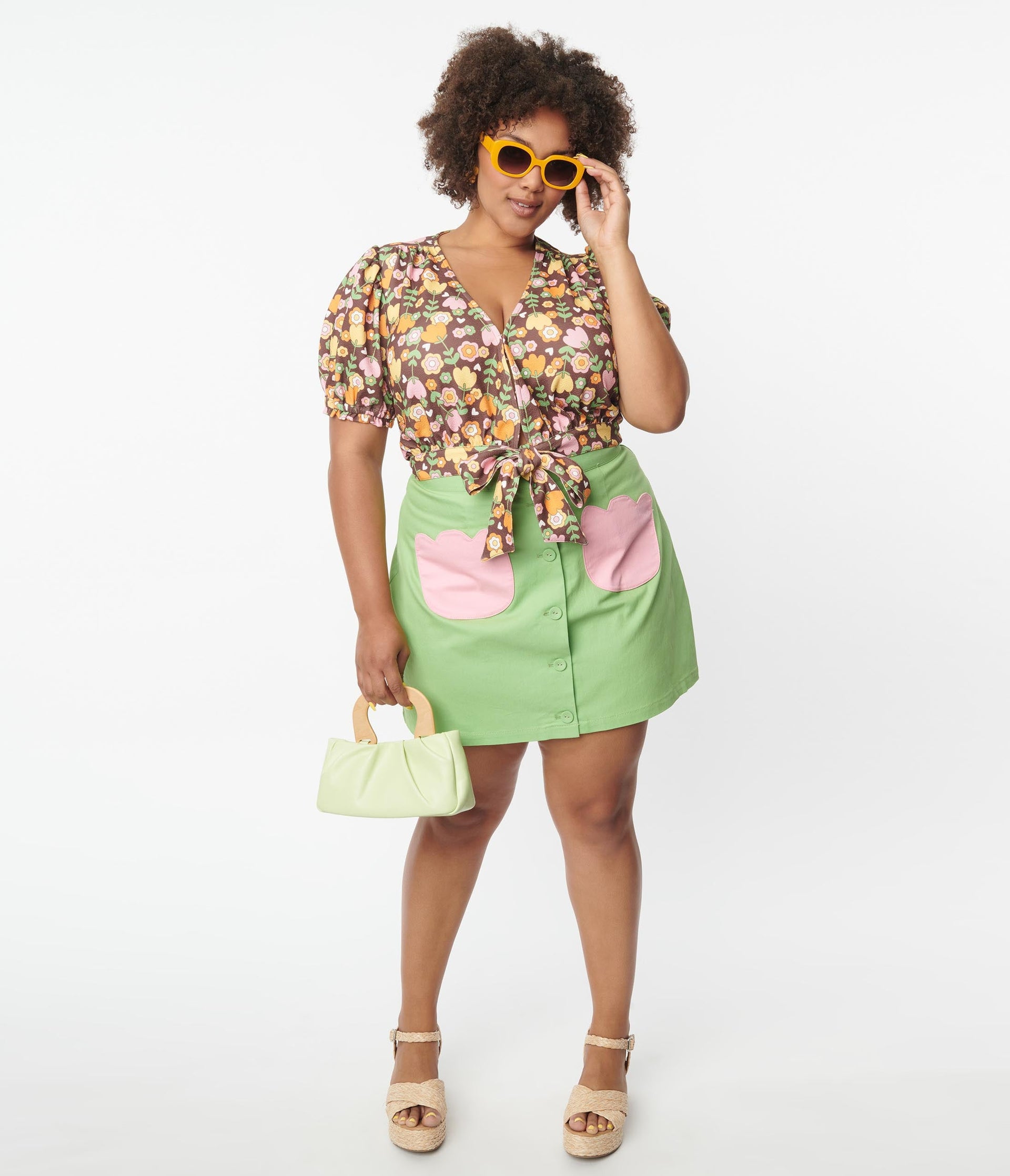 Smak Parlour Plus Size Green & Pink Tulip Match Game Skirt - Unique Vintage - Womens, BOTTOMS, SKIRTS