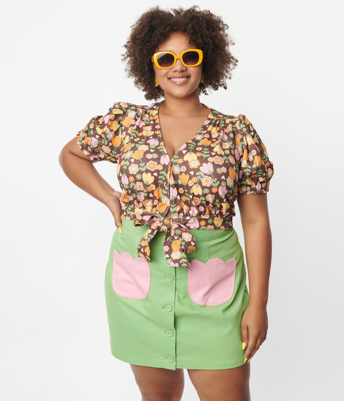 Smak Parlour Plus Size Green & Pink Tulip Match Game Skirt - Unique Vintage - Womens, BOTTOMS, SKIRTS