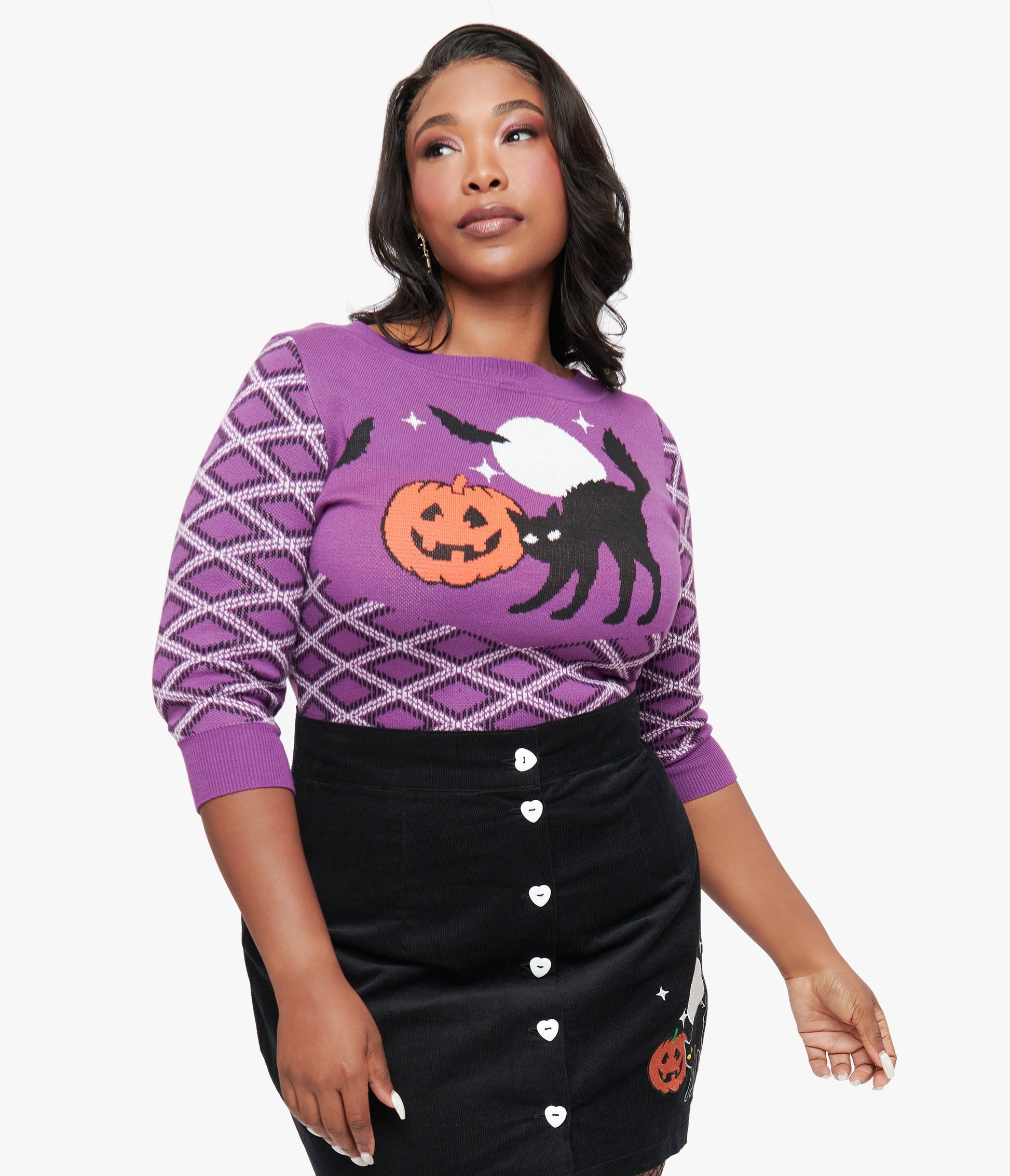 Smak Parlour Plus Size Purple Plaid & Black Cat Sweater - Unique Vintage - Womens, HALLOWEEN, TOPS