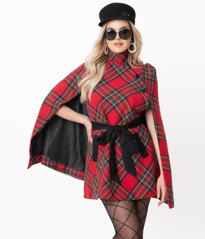 Smak Parlour Red Plaid Savile Row Cape Coat - Unique Vintage - Womens, TOPS, OUTERWEAR