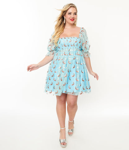 Smak Parlour Sky Blue & Glitter Rainbows Love Interest Babydoll Dress - Unique Vintage - Womens, DRESSES, BABYDOLL