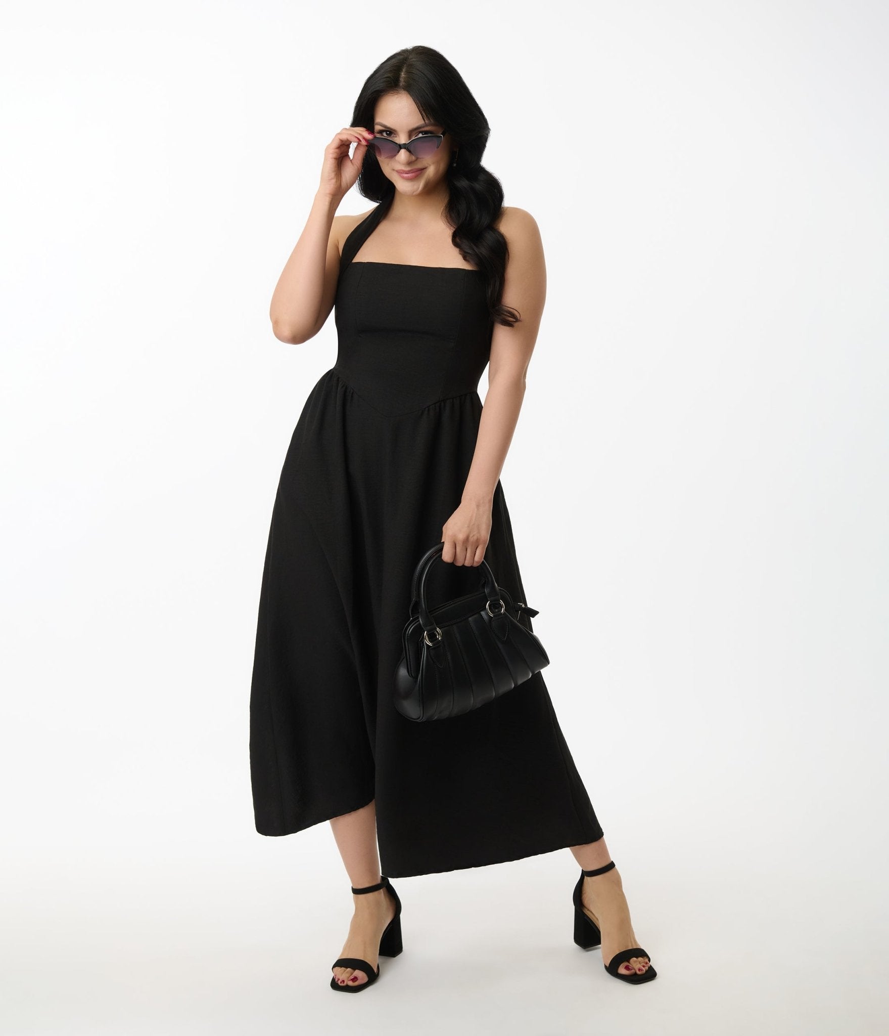 Solid Black Halter A - Line Midi Dress - Unique Vintage - Womens, DRESSES, MIDI