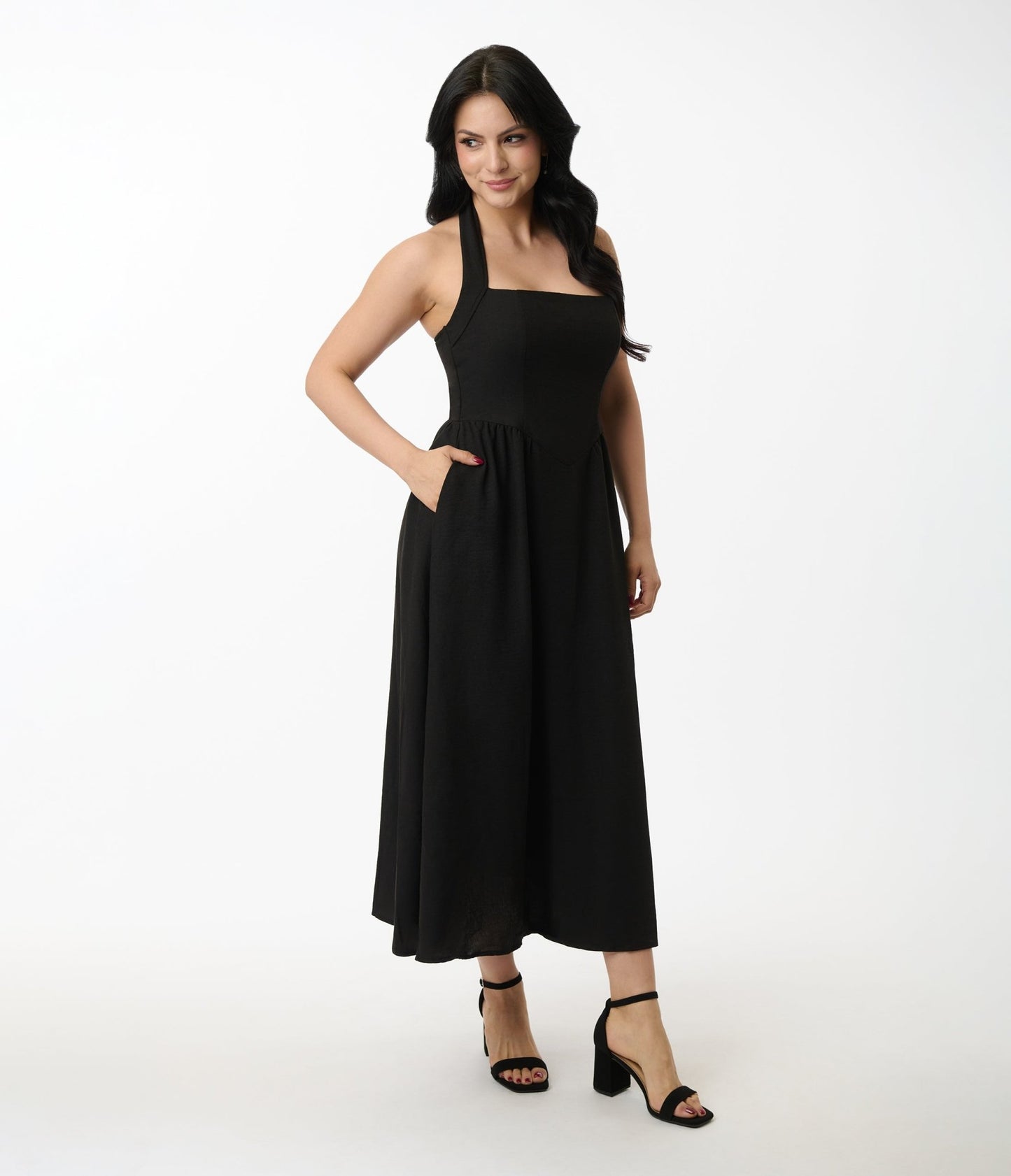 Solid Black Halter A - Line Midi Dress - Unique Vintage - Womens, DRESSES, MIDI