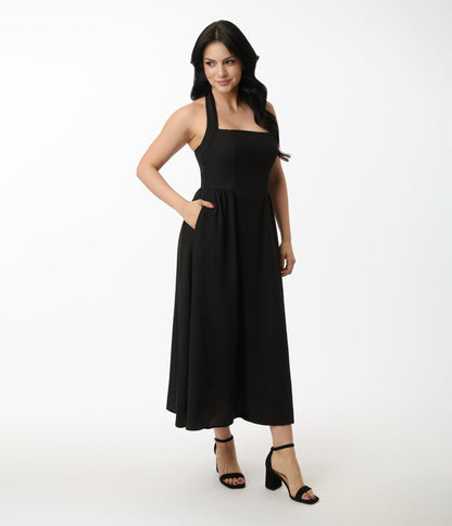 Solid Black Halter A - Line Midi Dress - Unique Vintage - Womens, DRESSES, MIDI