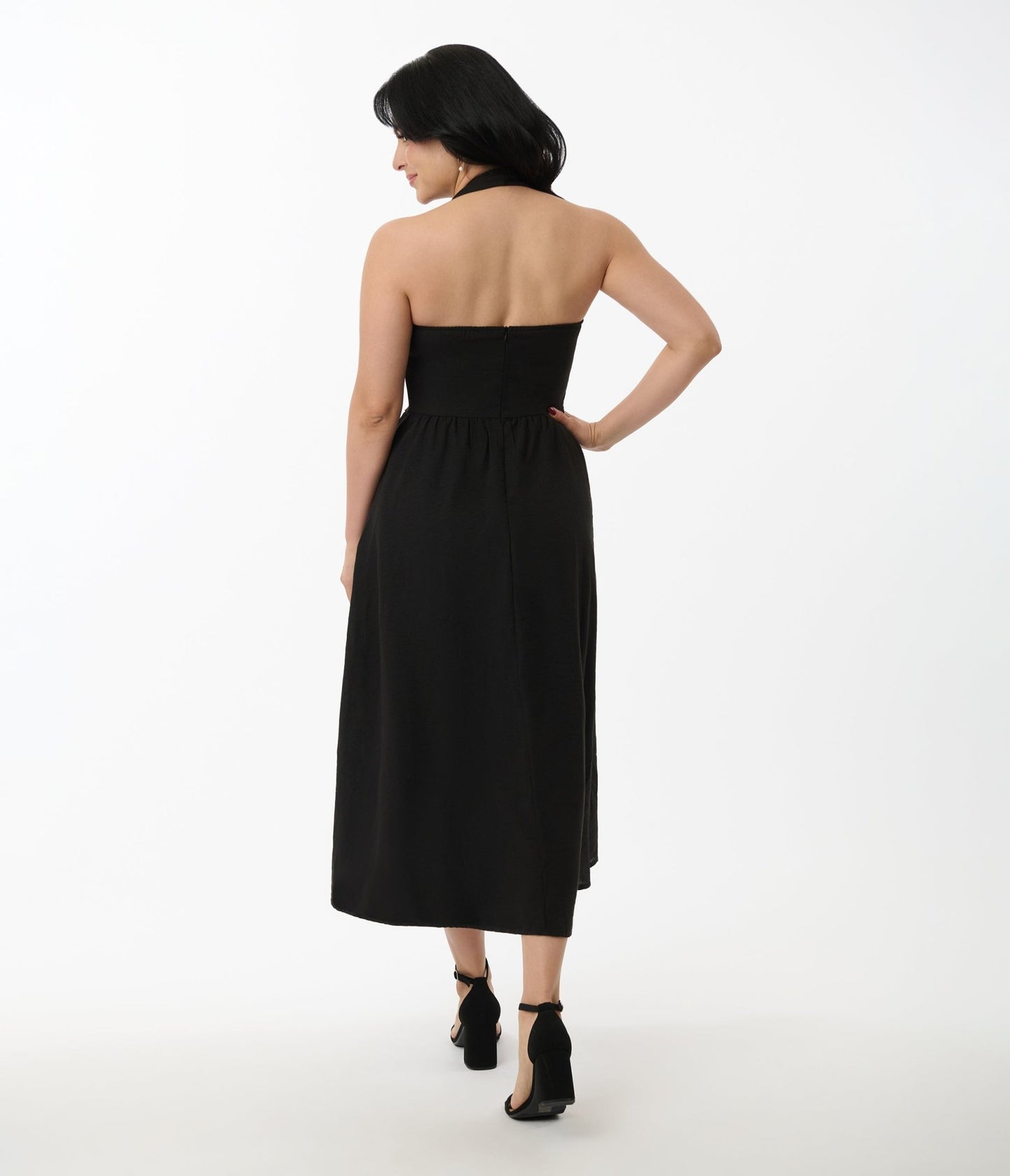 Solid Black Halter A - Line Midi Dress - Unique Vintage - Womens, DRESSES, MIDI