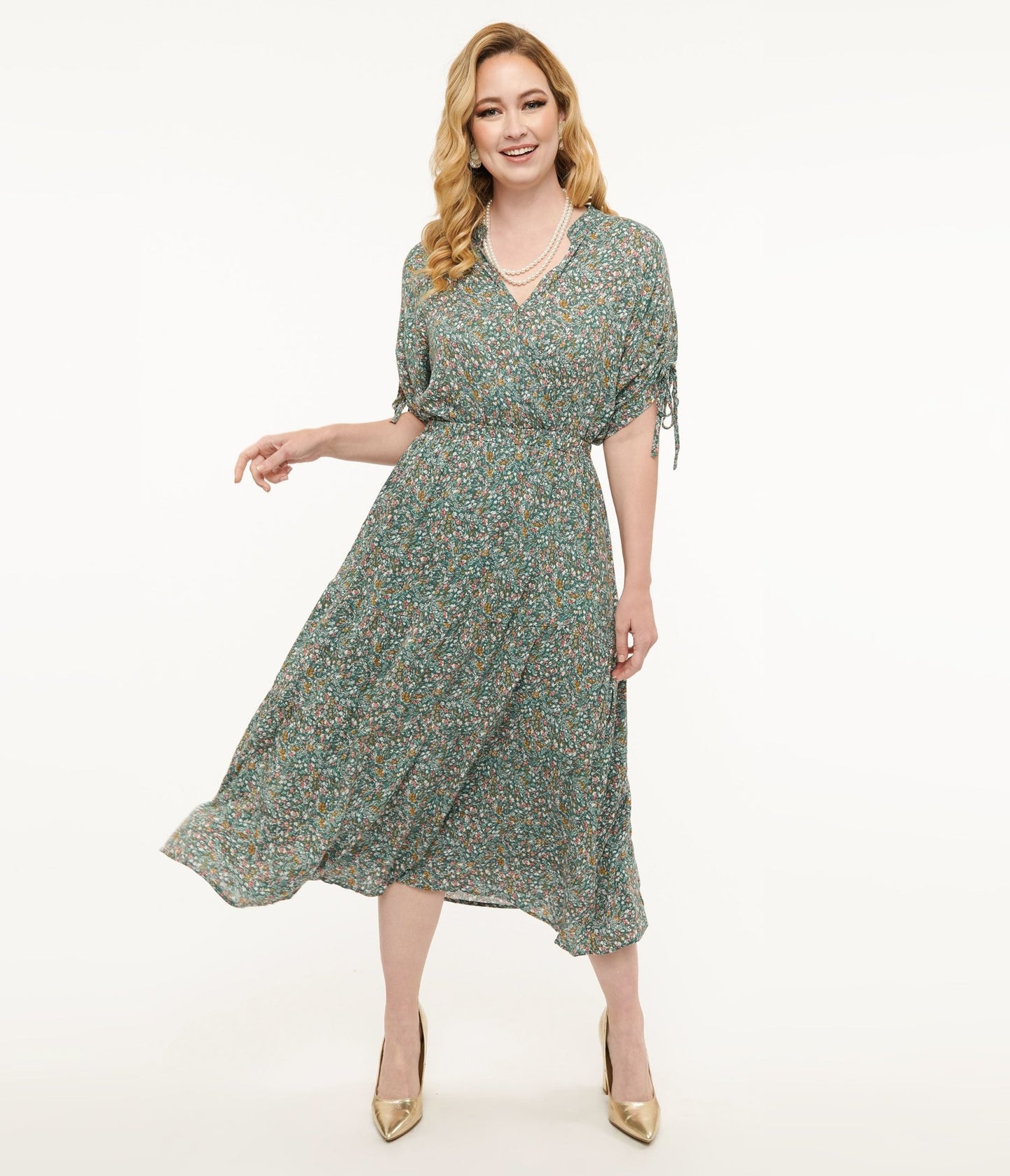 Teal Floral Midi Dress - Unique Vintage - Womens, DRESSES, MIDI