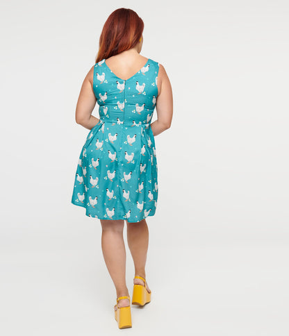 Teal Rooster Fit & Flare Dress - Unique Vintage - Womens, DRESSES, FIT AND FLARE