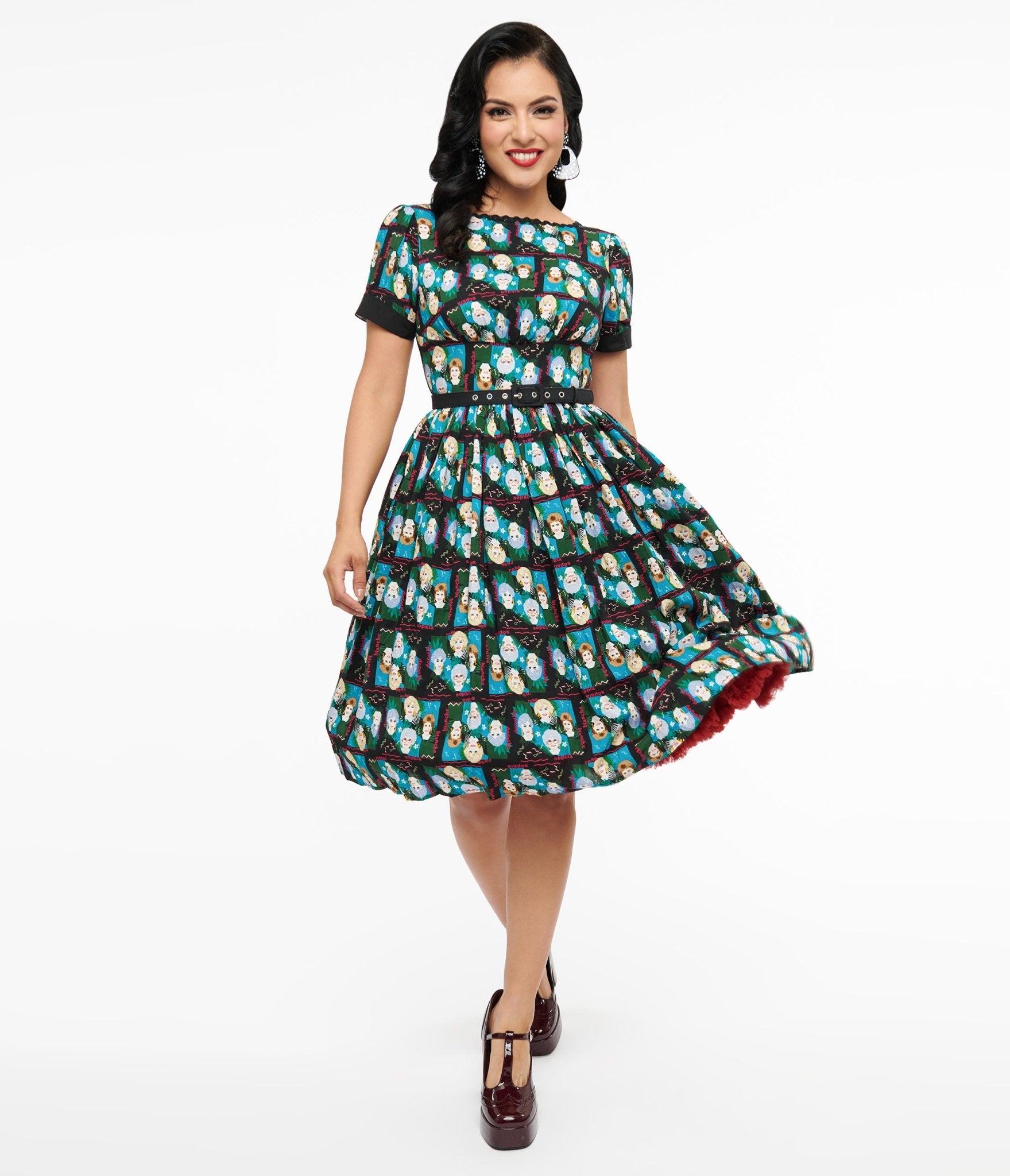 The Golden Girls x Unique Vintage Black & Blue The Golden Girls Print Swing Dress - Unique Vintage - Womens, DRESSES, SWING