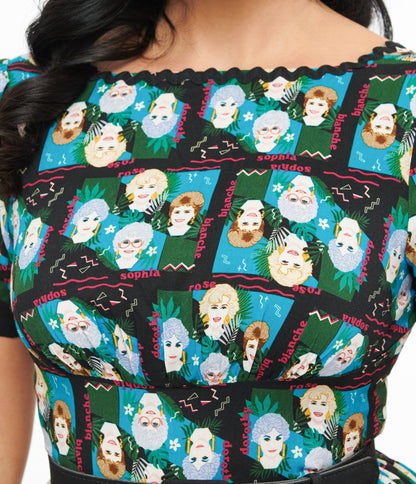 The Golden Girls x Unique Vintage Black & Blue The Golden Girls Print Swing Dress - Unique Vintage - Womens, DRESSES, SWING