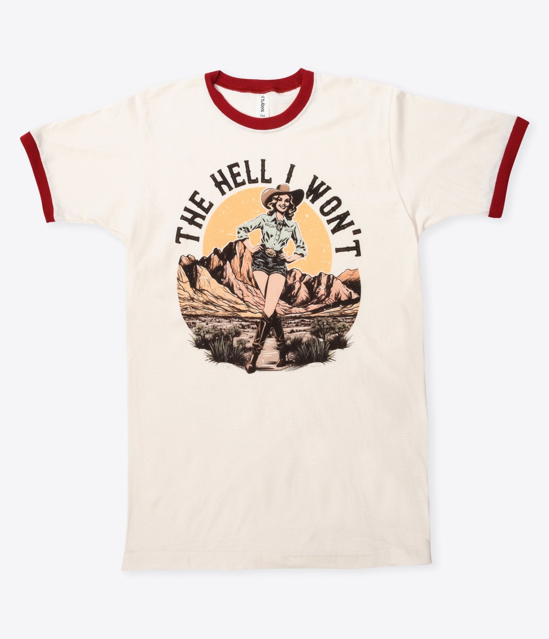 The Hell I Won't Red Collar Unisex Graphic Ringer Tee - Unique Vintage - Womens, TOPS, TEES