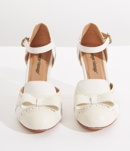 Unique Vintage 1920s Beige & Cream Bow Heels - Unique Vintage - Womens, SHOES, HEELS