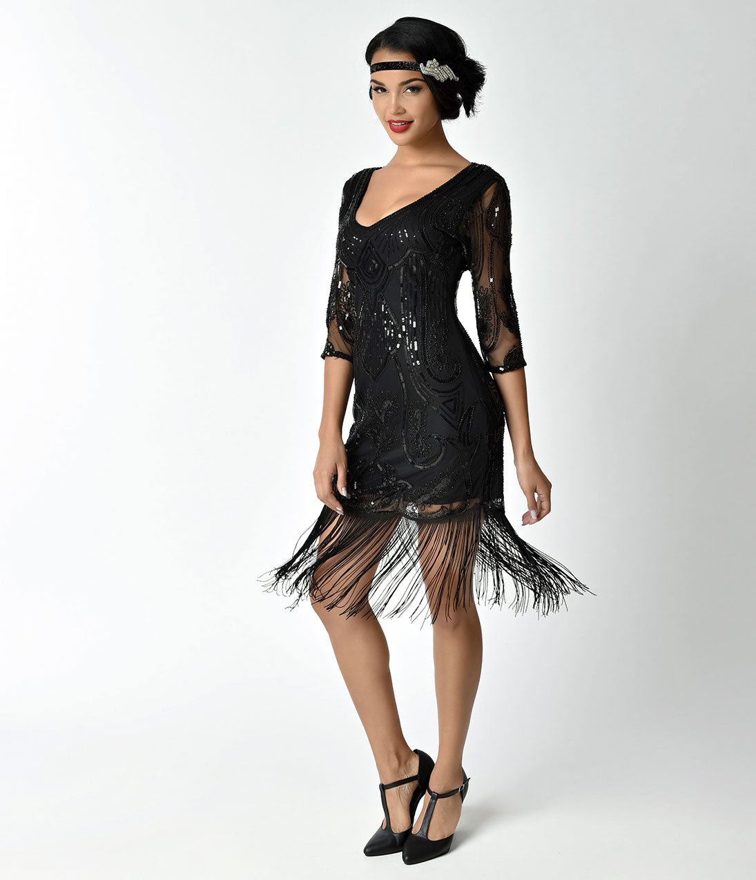 Unique Vintage 1920s Black Beaded & Sequin Margaux Sleeved Fringe Cocktail Dress - Unique Vintage - Womens, FLAPPER, SLEEVED BEADED