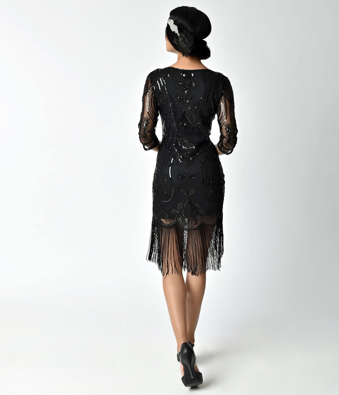 Unique Vintage 1920s Black Beaded & Sequin Margaux Sleeved Fringe Cocktail Dress - Unique Vintage - Womens, FLAPPER, SLEEVED BEADED