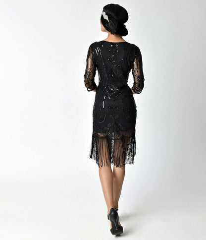 Unique Vintage 1920s Black Beaded & Sequin Margaux Sleeved Fringe Cocktail Dress - Unique Vintage - Womens, FLAPPER, SLEEVED BEADED