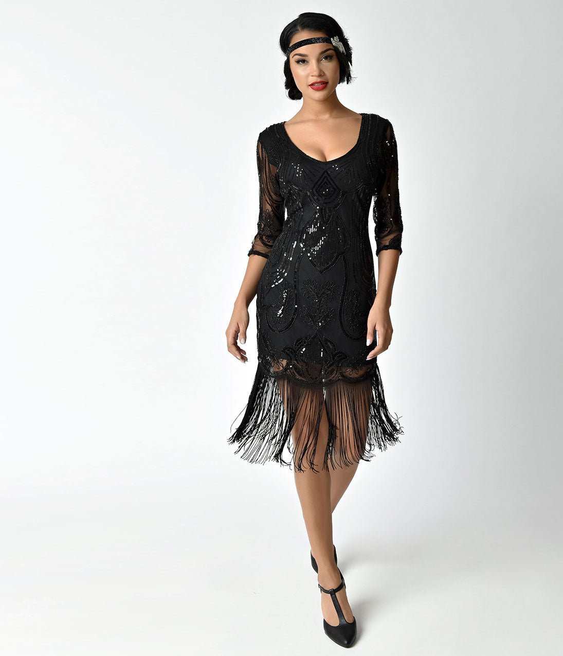 Unique Vintage 1920s Black Beaded & Sequin Margaux Sleeved Fringe Cocktail Dress - Unique Vintage - Womens, FLAPPER, SLEEVED BEADED