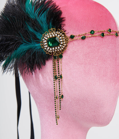 Unique Vintage 1920s Black Feather & Emerald Rhinestone Headband - Unique Vintage - Womens, ACCESSORIES, FLAPPER