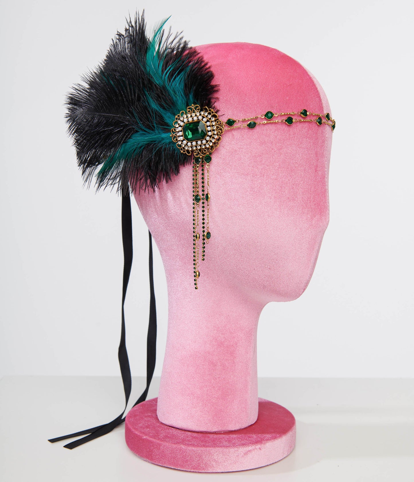 Unique Vintage 1920s Black Feather & Emerald Rhinestone Headband - Unique Vintage - Womens, ACCESSORIES, FLAPPER