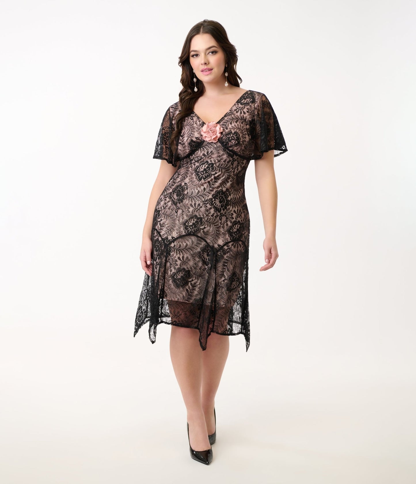 Unique Vintage 1920s Black Lace & Peach Lining Flutter Sleeve Flapper Dress - Unique Vintage - Womens, FLAPPER, SLEEVED NON BEADED