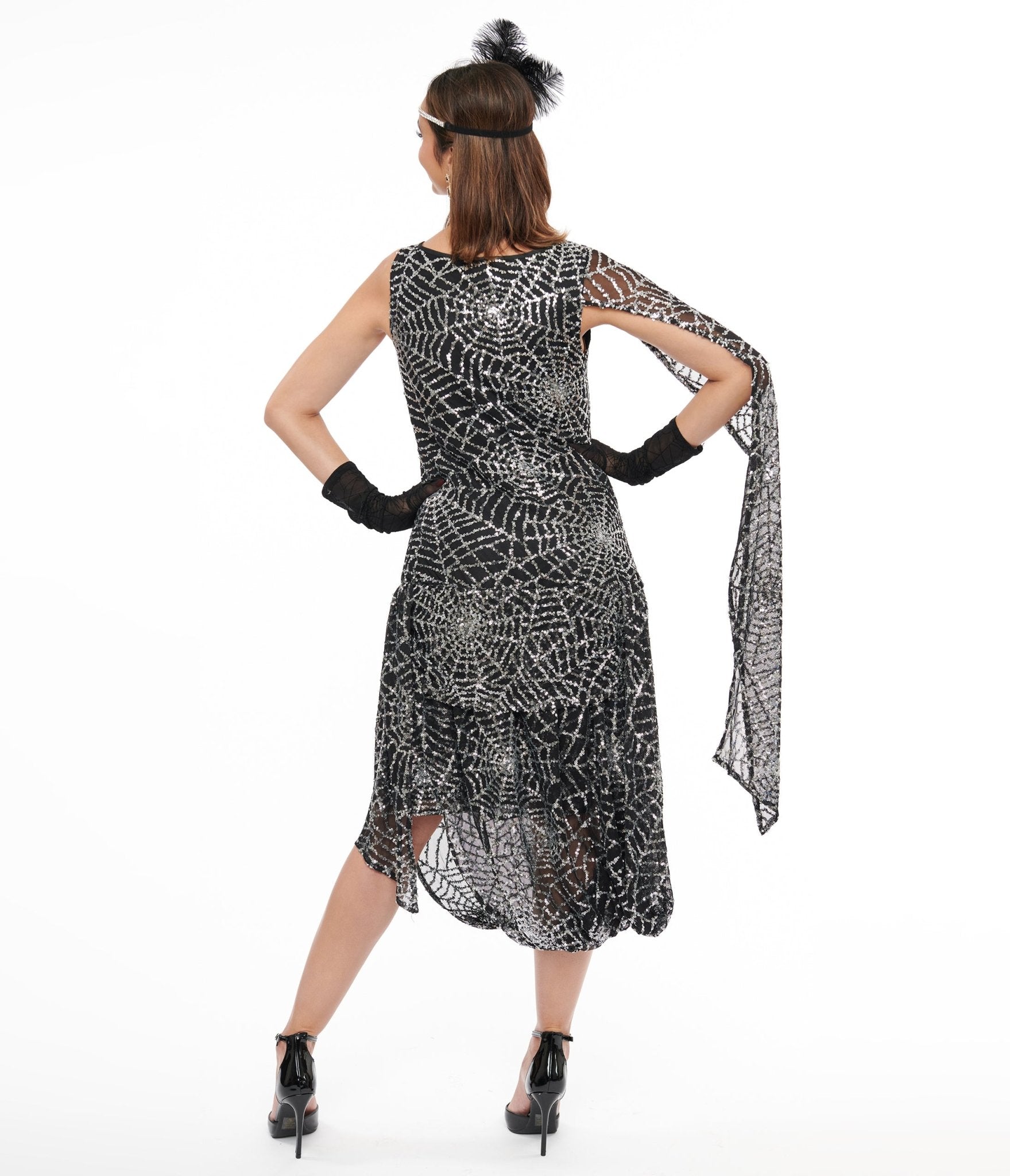 Unique Vintage 1920s Black & Silver Sequin Spider Web Draped Flapper Dress - Unique Vintage - Womens, HALLOWEEN, DRESSES