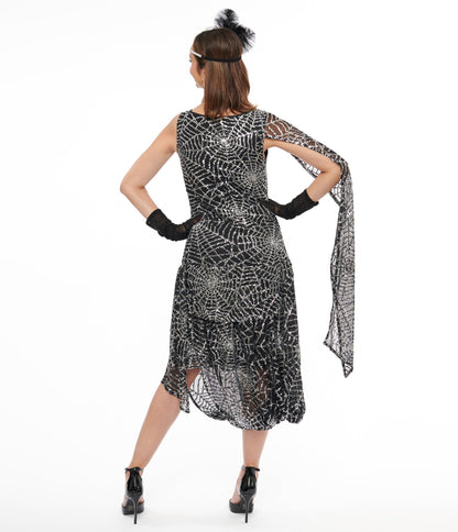 Unique Vintage 1920s Black & Silver Sequin Spider Web Draped Flapper Dress - Unique Vintage - Womens, HALLOWEEN, DRESSES