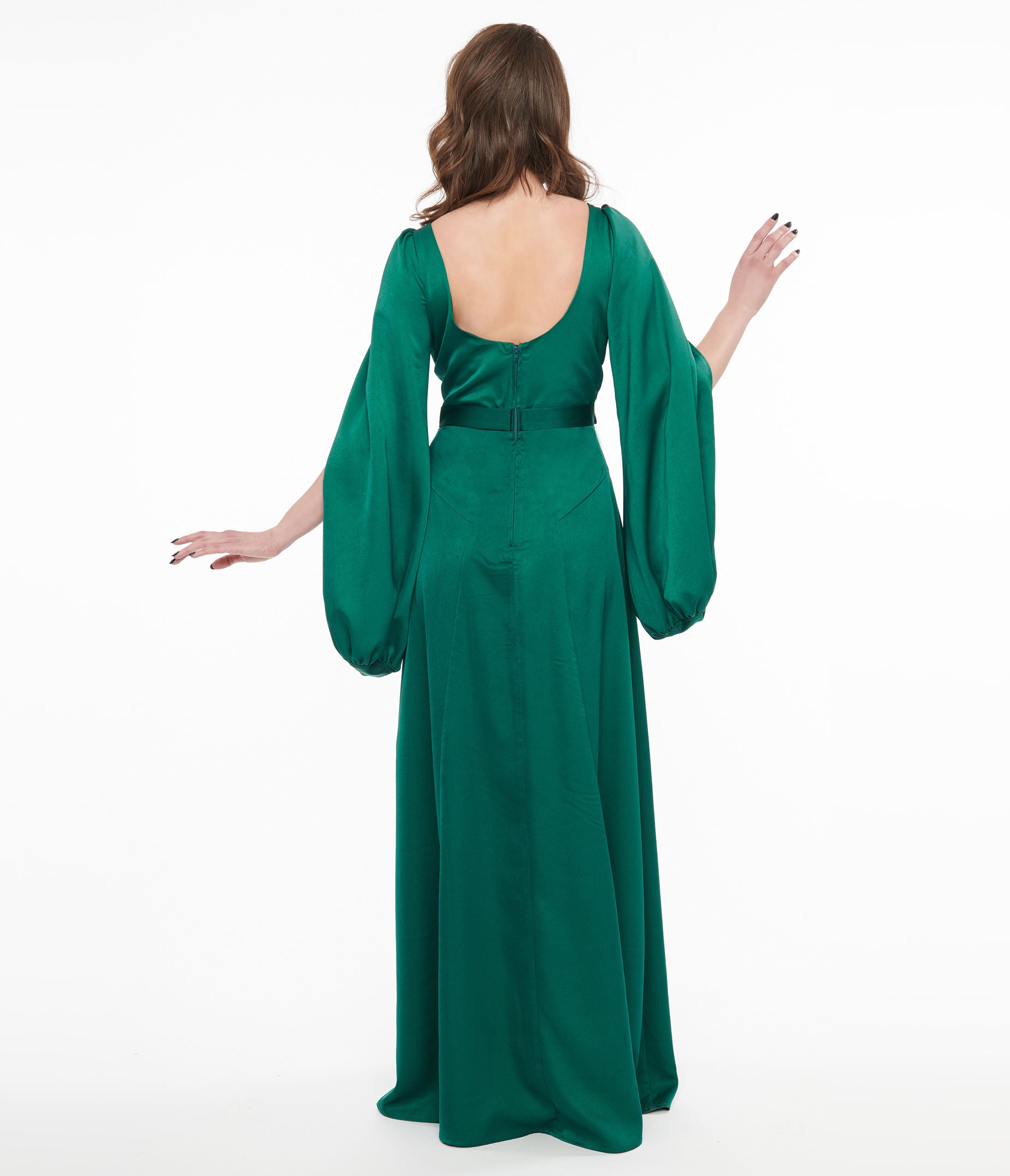 Unique Vintage 1920s Emerald Satin Snake Pin Evening Gown