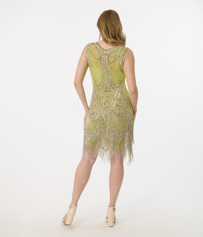 Unique Vintage 1920s Green & Silver Embroidered & Hand Beaded Somerset Flapper Dress - Unique Vintage - Womens, FLAPPER, SLEEVELESS BEADED