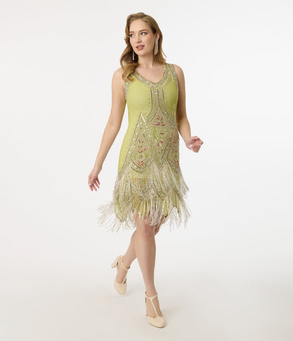 Unique Vintage 1920s Green & Silver Embroidered & Hand Beaded Somerset Flapper Dress - Unique Vintage - Womens, FLAPPER, SLEEVELESS BEADED