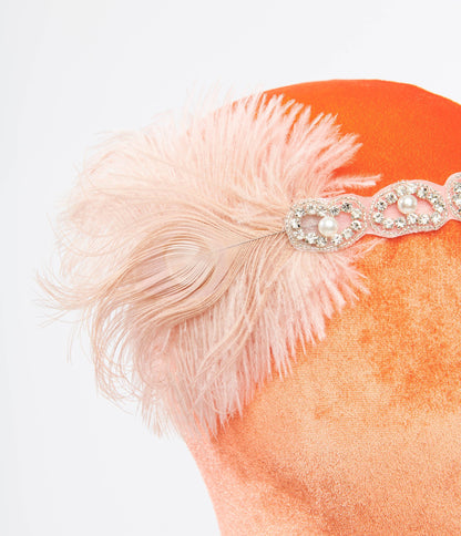 Unique Vintage 1920s Peach Feather & Silver Rhinestone Headband - Unique Vintage - Womens, ACCESSORIES, FLAPPER