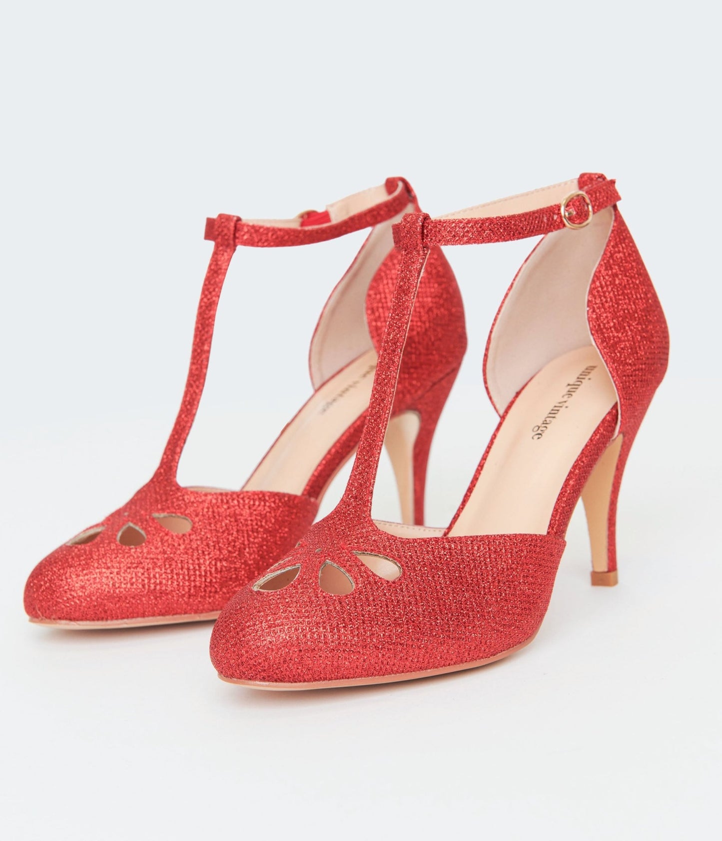 Unique Vintage 1920s Red Sparkle T - Strap Astaire Pumps - Unique Vintage - Womens, SHOES, HEELS