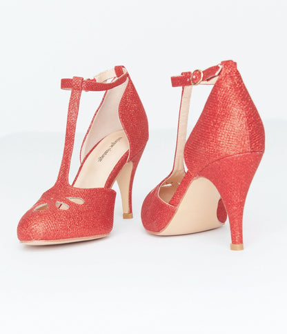 Unique Vintage 1920s Red Sparkle T - Strap Astaire Pumps - Unique Vintage - Womens, SHOES, HEELS