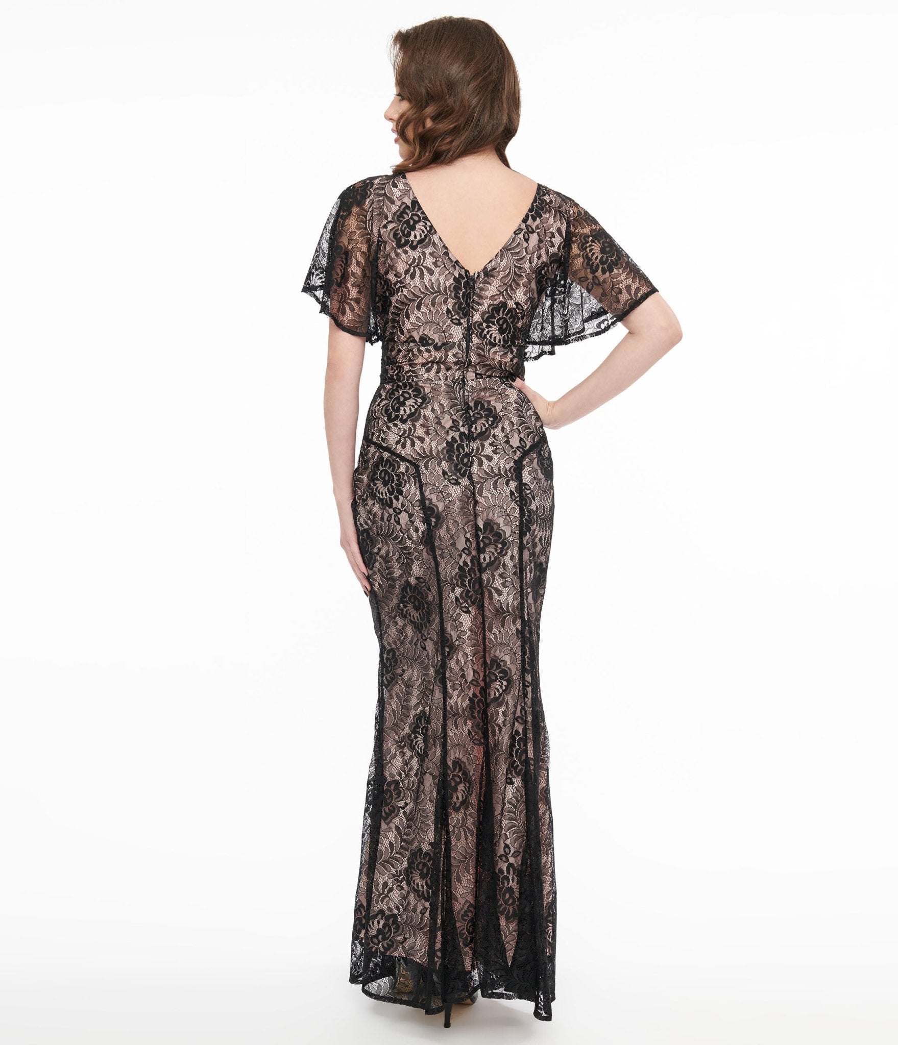 Unique Vintage 1930s Black Lace & Peach Flutter Sleeve Gown - Unique Vintage - Womens, DRESSES, PROM AND SPECIAL OCCASION