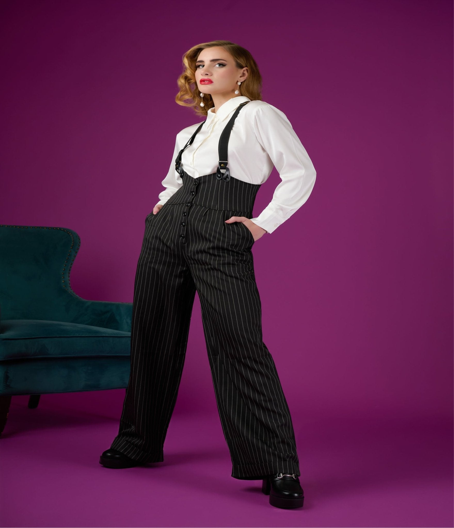 Unique Vintage 1930s Black & White Pin Stripe Thelma Suspender Pants - Unique Vintage - Womens, BOTTOMS, PANTS