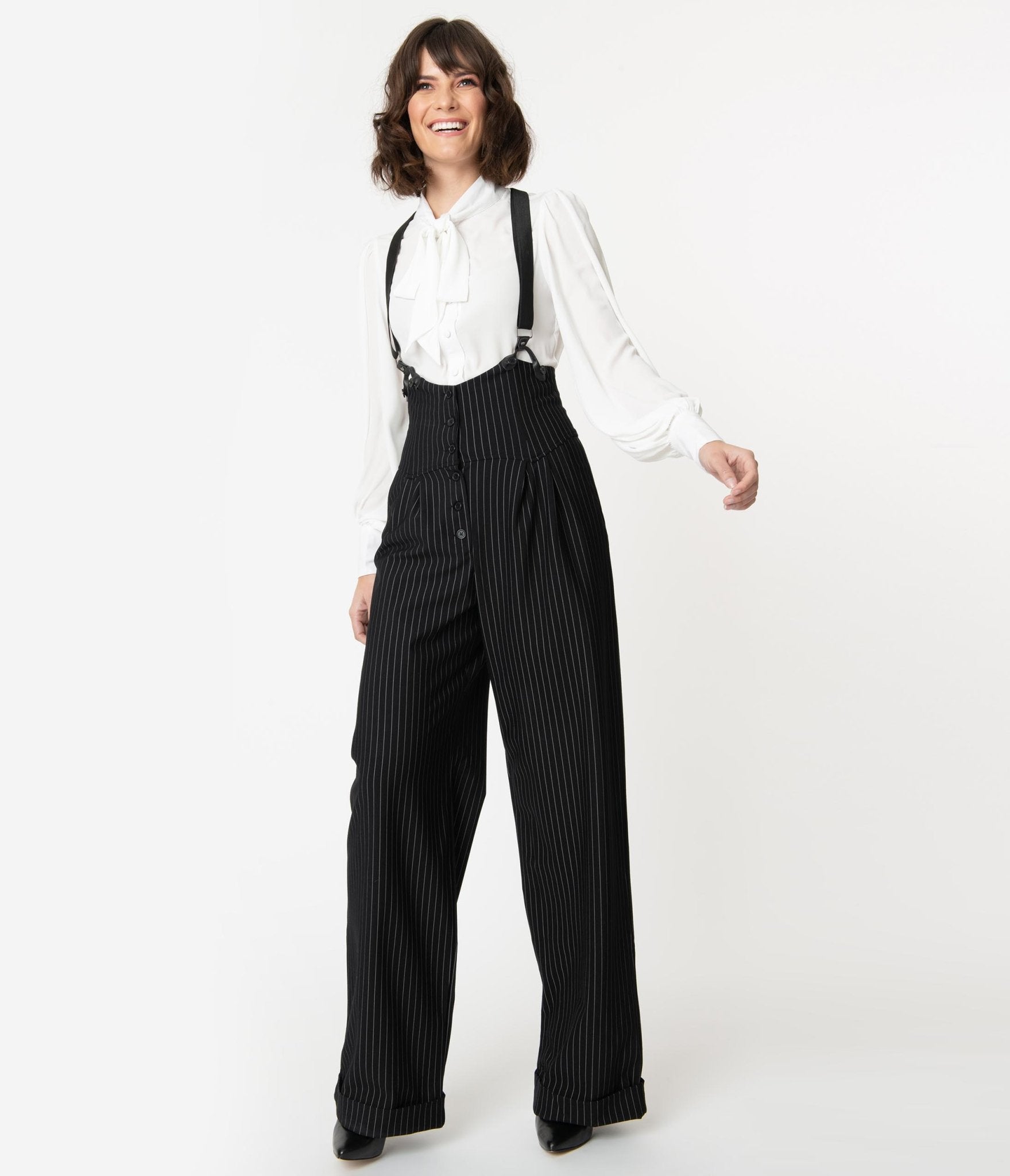 Unique Vintage 1930s Black & White Pin Stripe Thelma Suspender Pants - Unique Vintage - Womens, BOTTOMS, PANTS