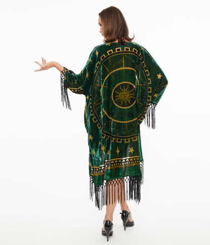 Unique Vintage 1930s Emerald & Gold Zodiac Burnout Velvet Fringe Kimono - Unique Vintage - Womens, FLAPPER, COATS