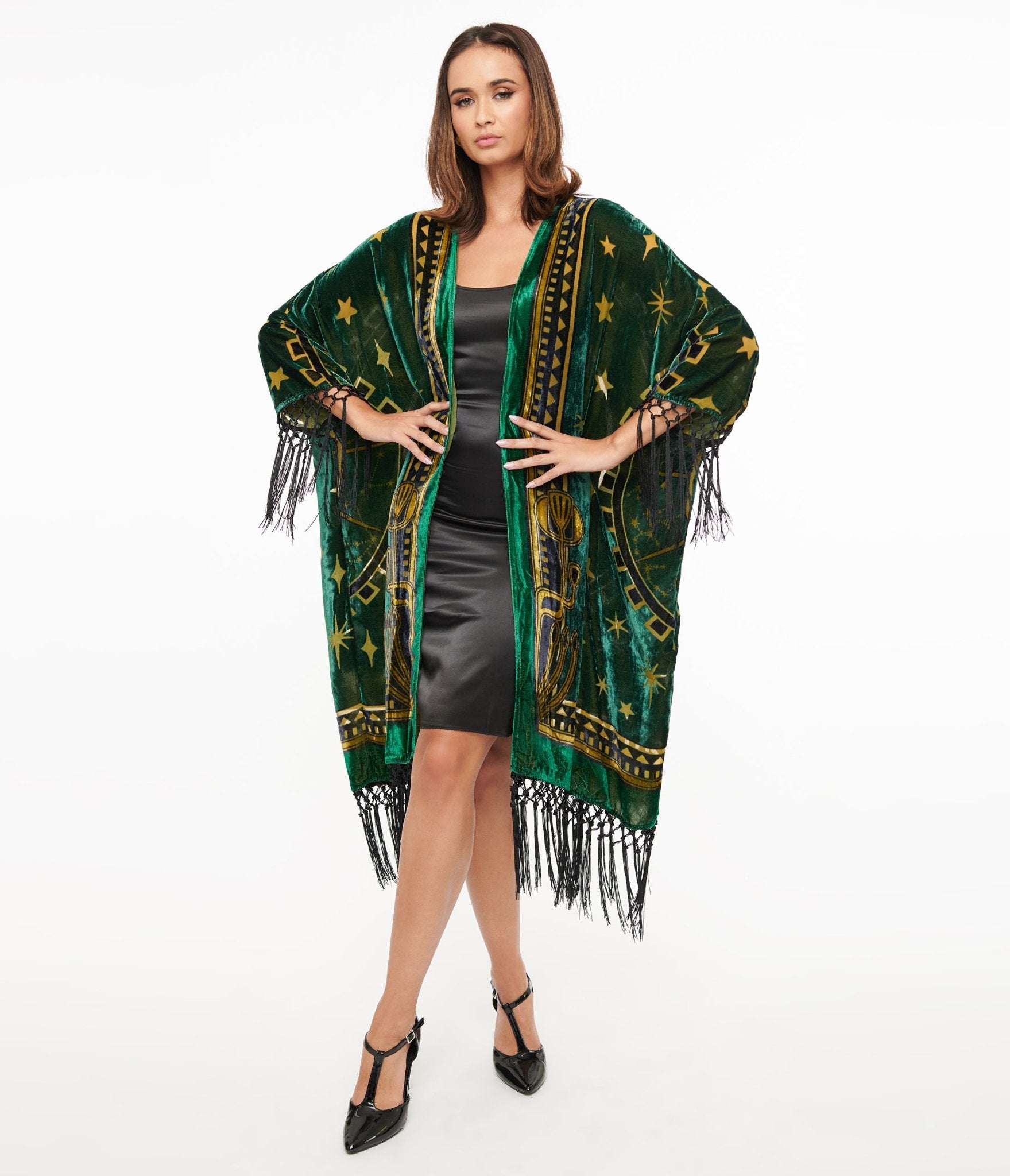 Unique Vintage 1930s Emerald & Gold Zodiac Burnout Velvet Fringe Kimono - Unique Vintage - Womens, FLAPPER, COATS