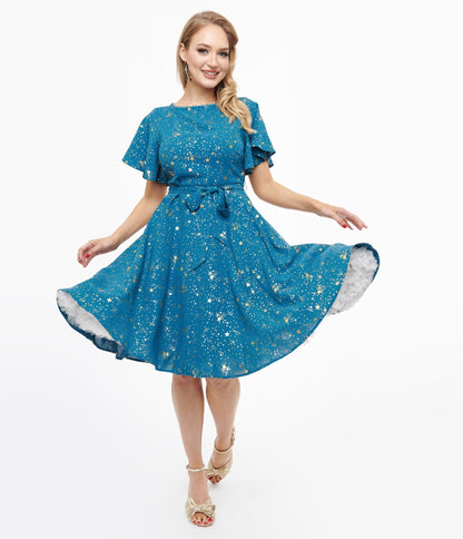 Unique Vintage 1930s Teal & Gold Star Swing Dress - Unique Vintage - Womens, DRESSES, SWING