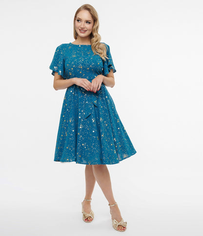 Unique Vintage 1930s Teal & Gold Star Swing Dress - Unique Vintage - Womens, DRESSES, SWING