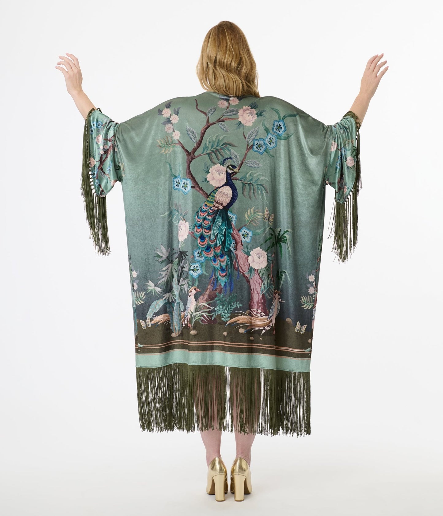 Unique Vintage 1930s Teal Peacock Fringe Kimono - Unique Vintage - Womens, TOPS, OUTERWEAR