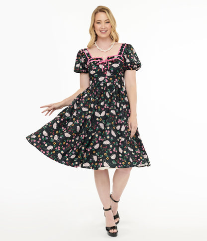 Unique Vintage 1940s Black & Pink Awesome Possum Button Front Swing Dress - Unique Vintage - Womens, DRESSES, SWING