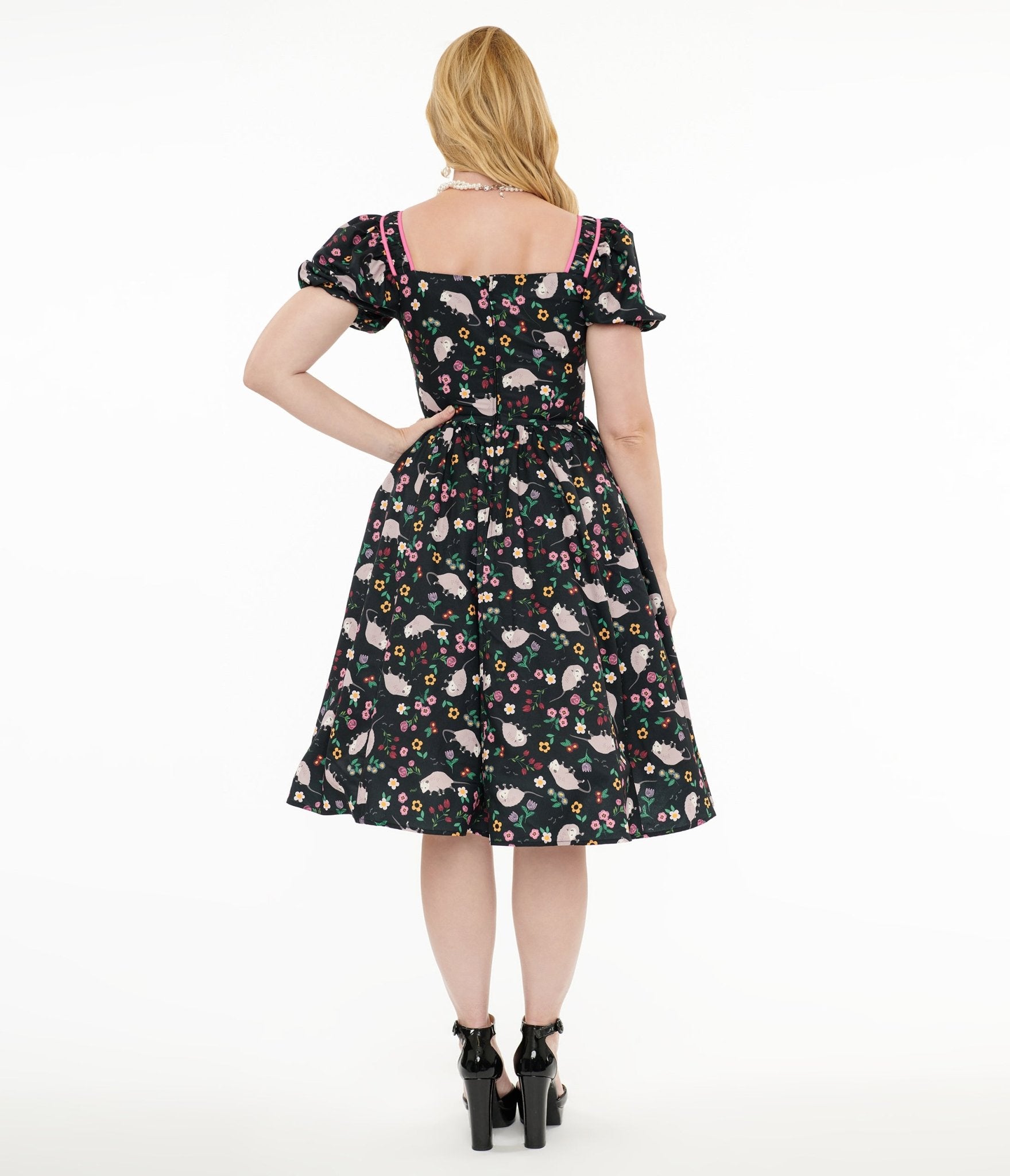 Unique Vintage 1940s Black & Pink Awesome Possum Button Front Swing Dress - Unique Vintage - Womens, DRESSES, SWING