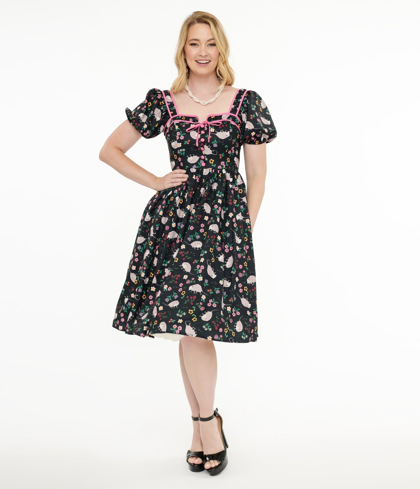 Unique Vintage 1940s Black & Pink Awesome Possum Button Front Swing Dress - Unique Vintage - Womens, DRESSES, SWING