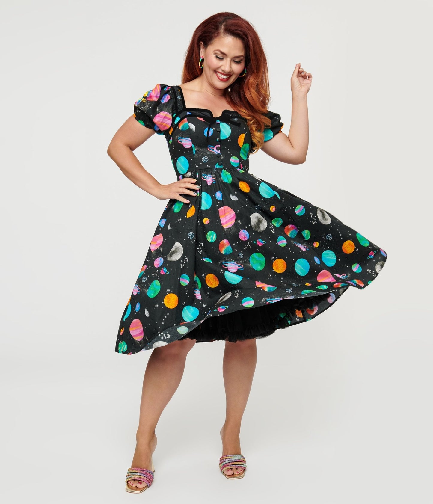 Unique Vintage 1940s Black Planet Print Button Front Dress - Unique Vintage - Womens, DRESSES, SWING