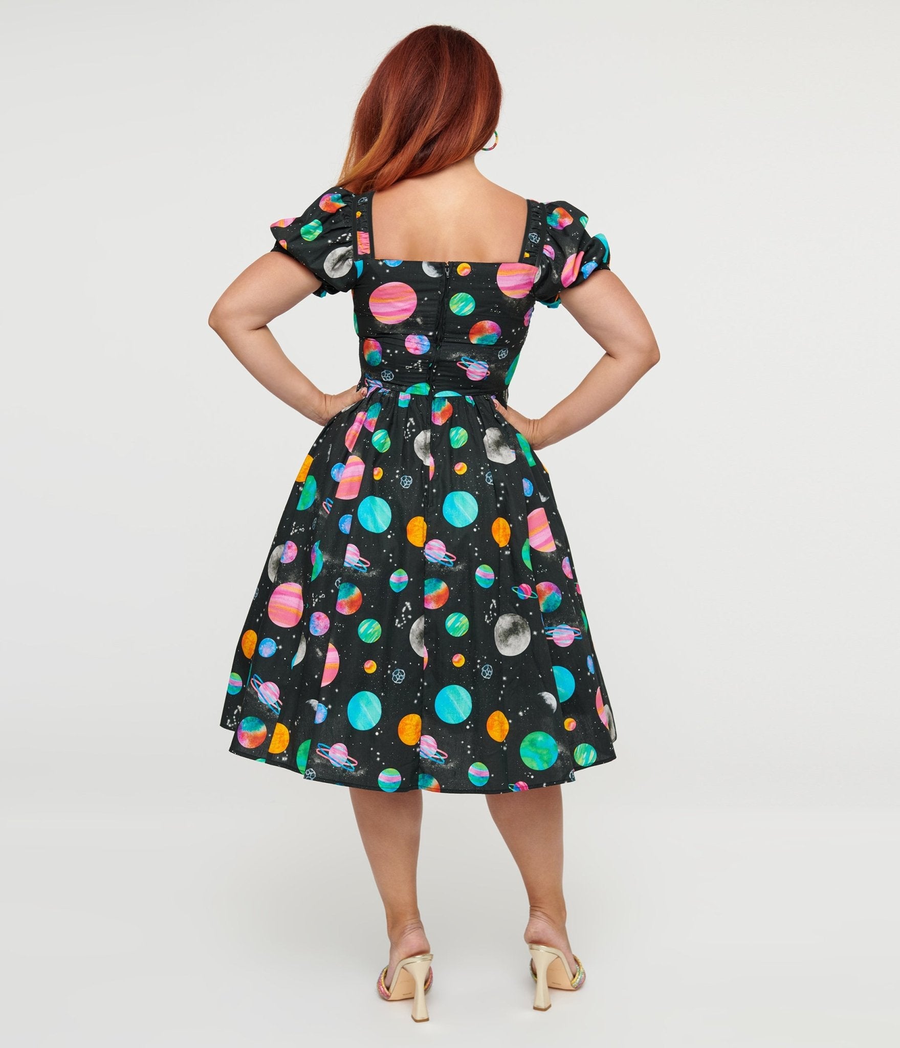 Unique Vintage 1940s Black Planet Print Button Front Dress - Unique Vintage - Womens, DRESSES, SWING