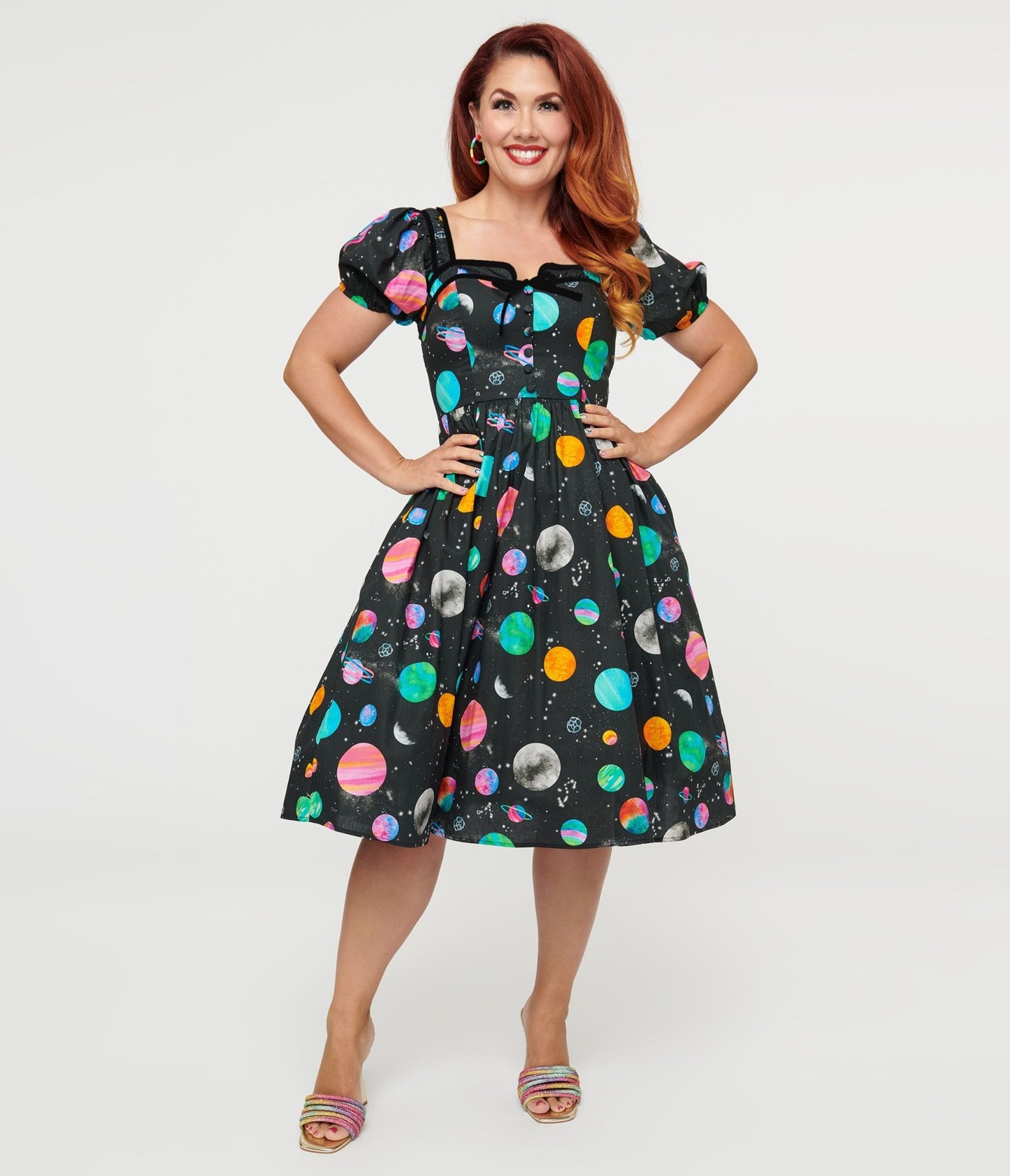 Unique Vintage 1940s Black Planet Print Button Front Dress - Unique Vintage - Womens, DRESSES, SWING