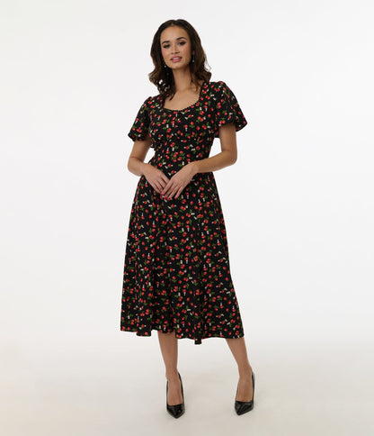 Unique Vintage 1940s Black & Strawberry Print Midi Dress - Unique Vintage - Womens, DRESSES, MIDI