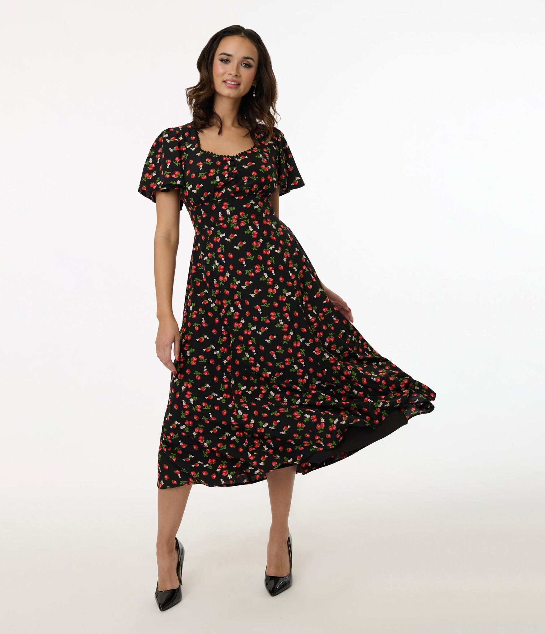 Unique Vintage 1940s Black & Strawberry Print Midi Dress - Unique Vintage - Womens, DRESSES, MIDI