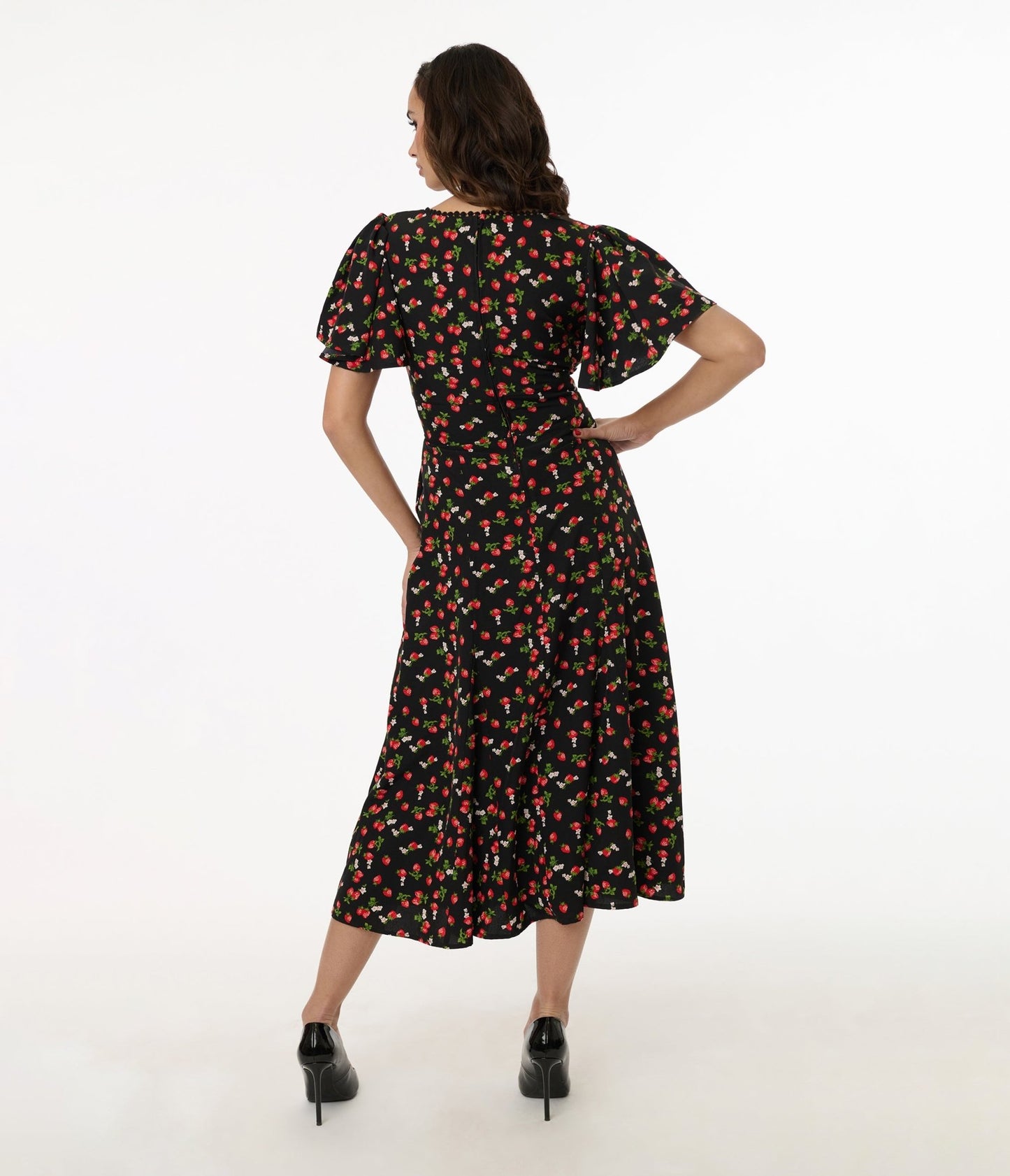 Unique Vintage 1940s Black & Strawberry Print Midi Dress - Unique Vintage - Womens, DRESSES, MIDI