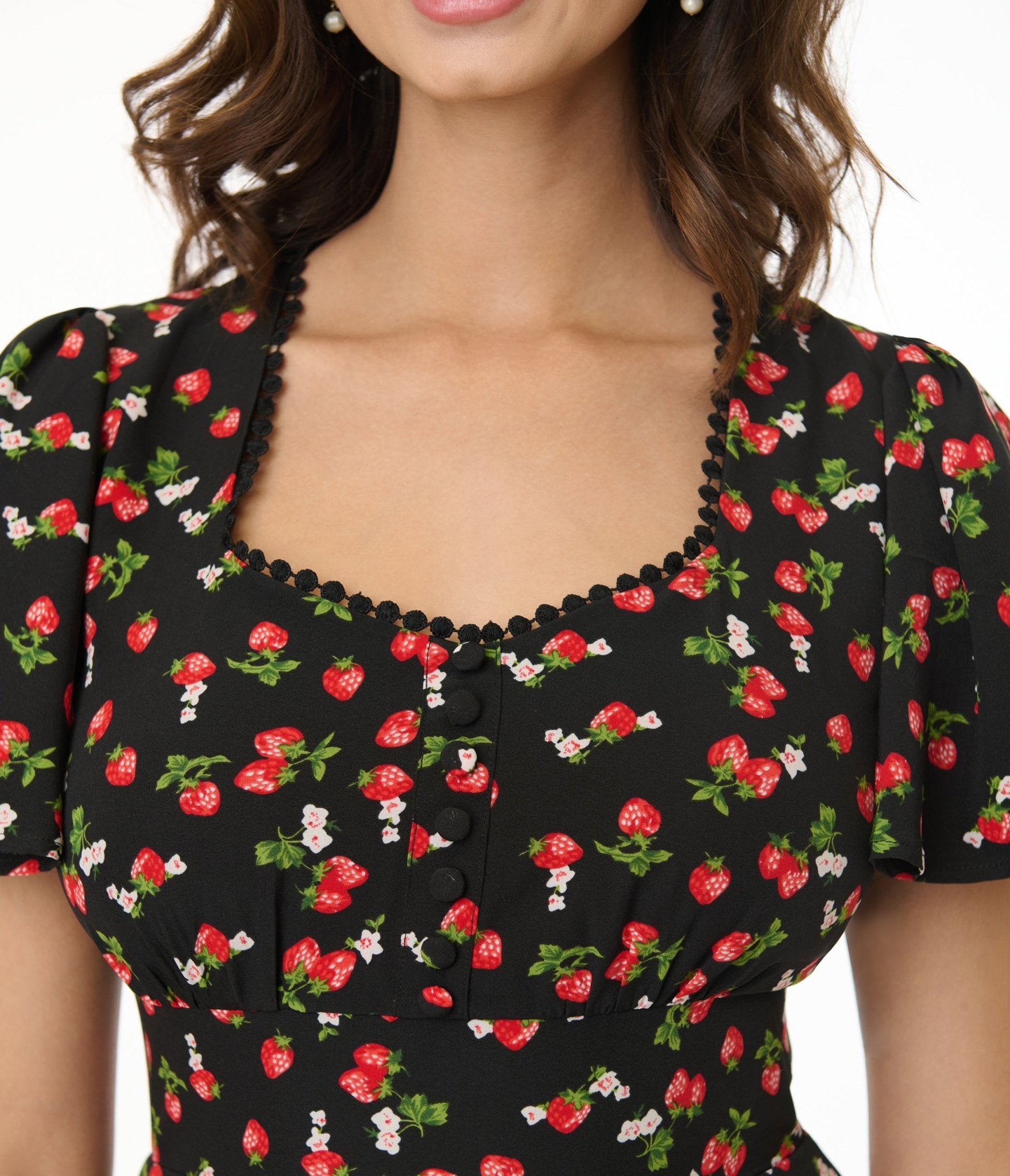 Unique Vintage 1940s Black & Strawberry Print Midi Dress - Unique Vintage - Womens, DRESSES, MIDI